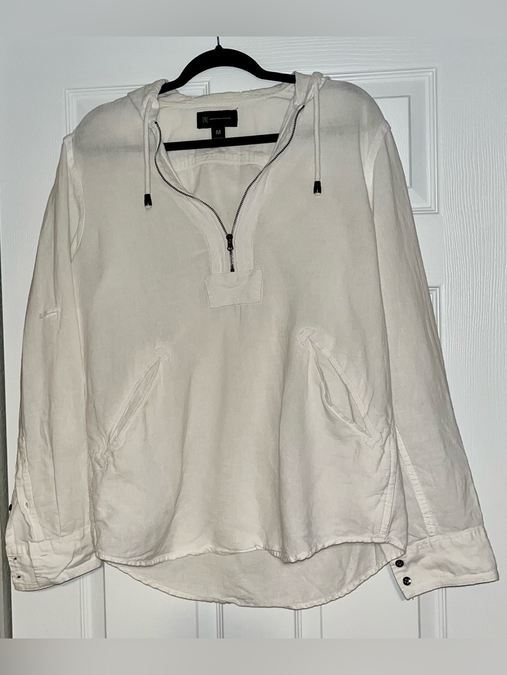 INC International Concepts Cream Half-Zip Hooded Pullover Linen Cotton Blend